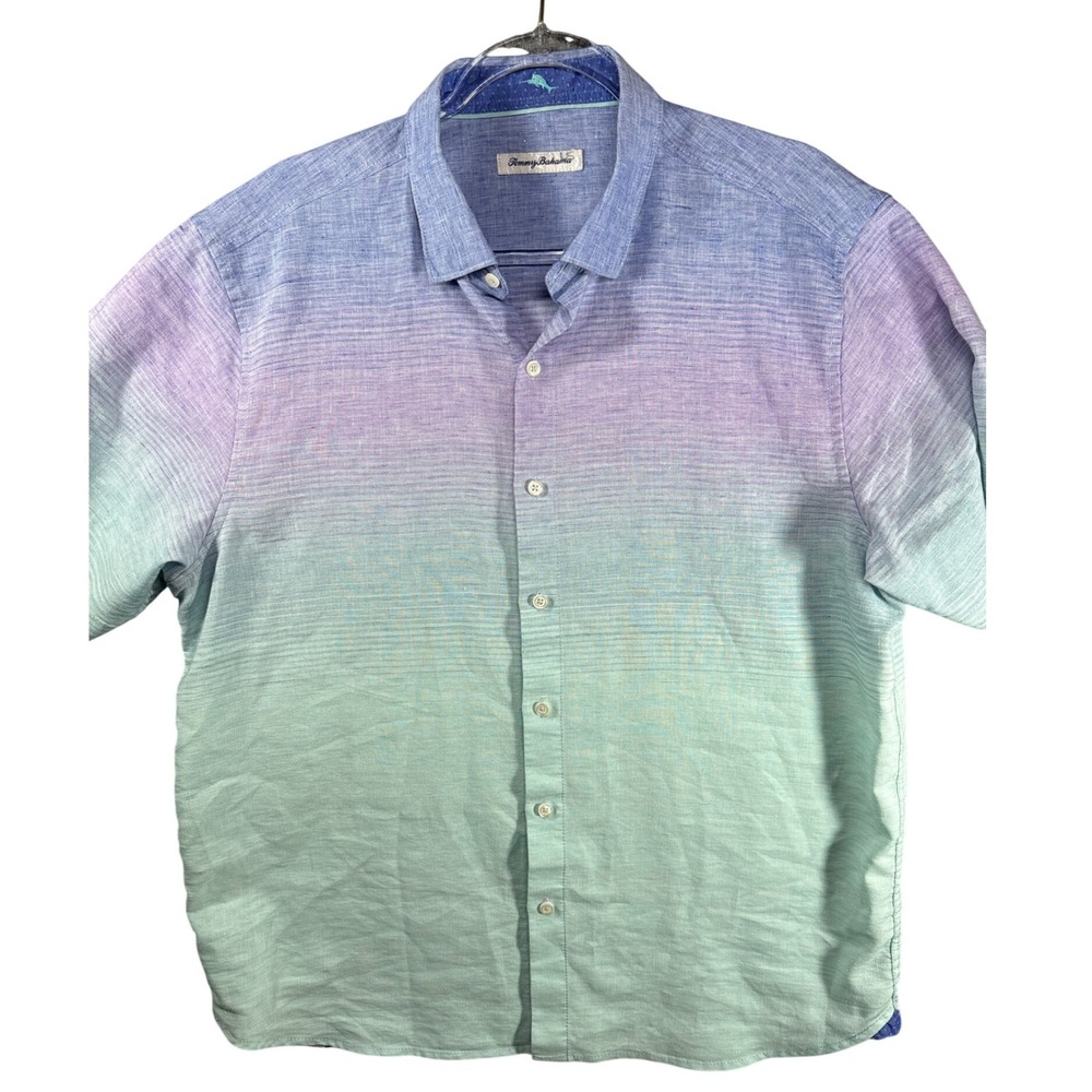 Tommy Bahama Mens Large Linen Blend Short Sleeve Button Down Shirt Gradient